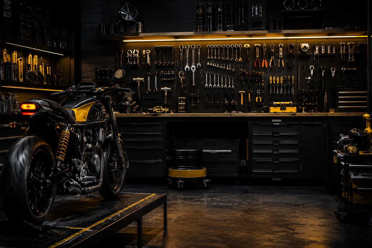 Ambiente de taller de motos con herramientas y piezas